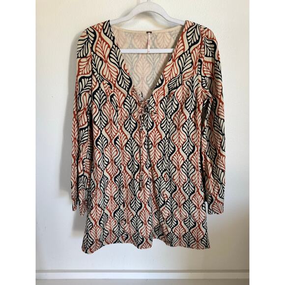 Free People Gia Shift Dress Size Medium Floral Geometric Pattern Lace-Up‎ Fall - Picture 4 of 13